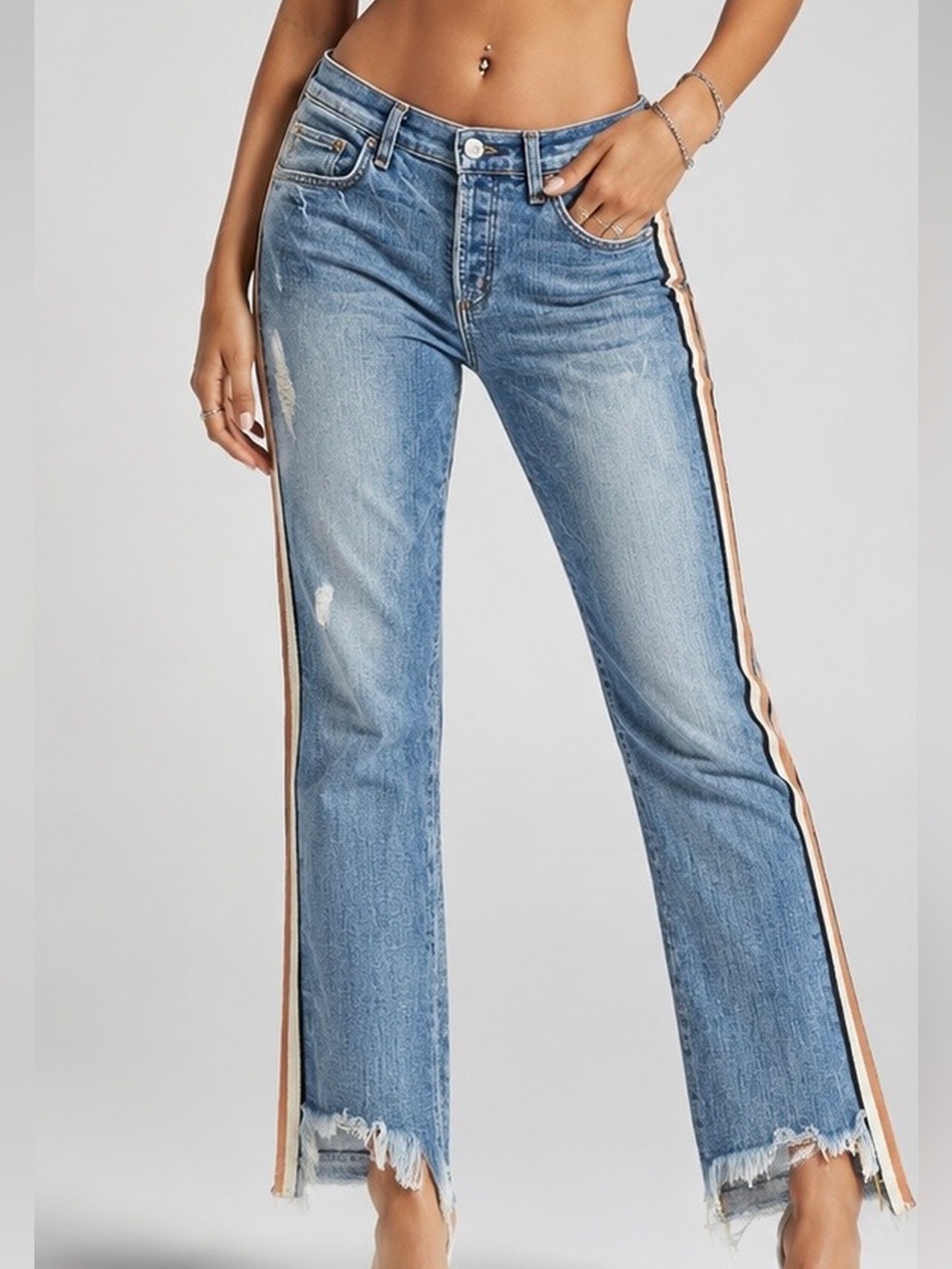 McGuire Ibiza Side Stripe Straight Leg Jeans | 26 Raw Step Hem Distressed Denim